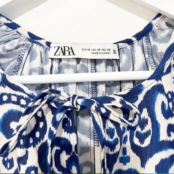 Zara printed blue and white boho balloon sleeve mini dress - Picture 8 of 12